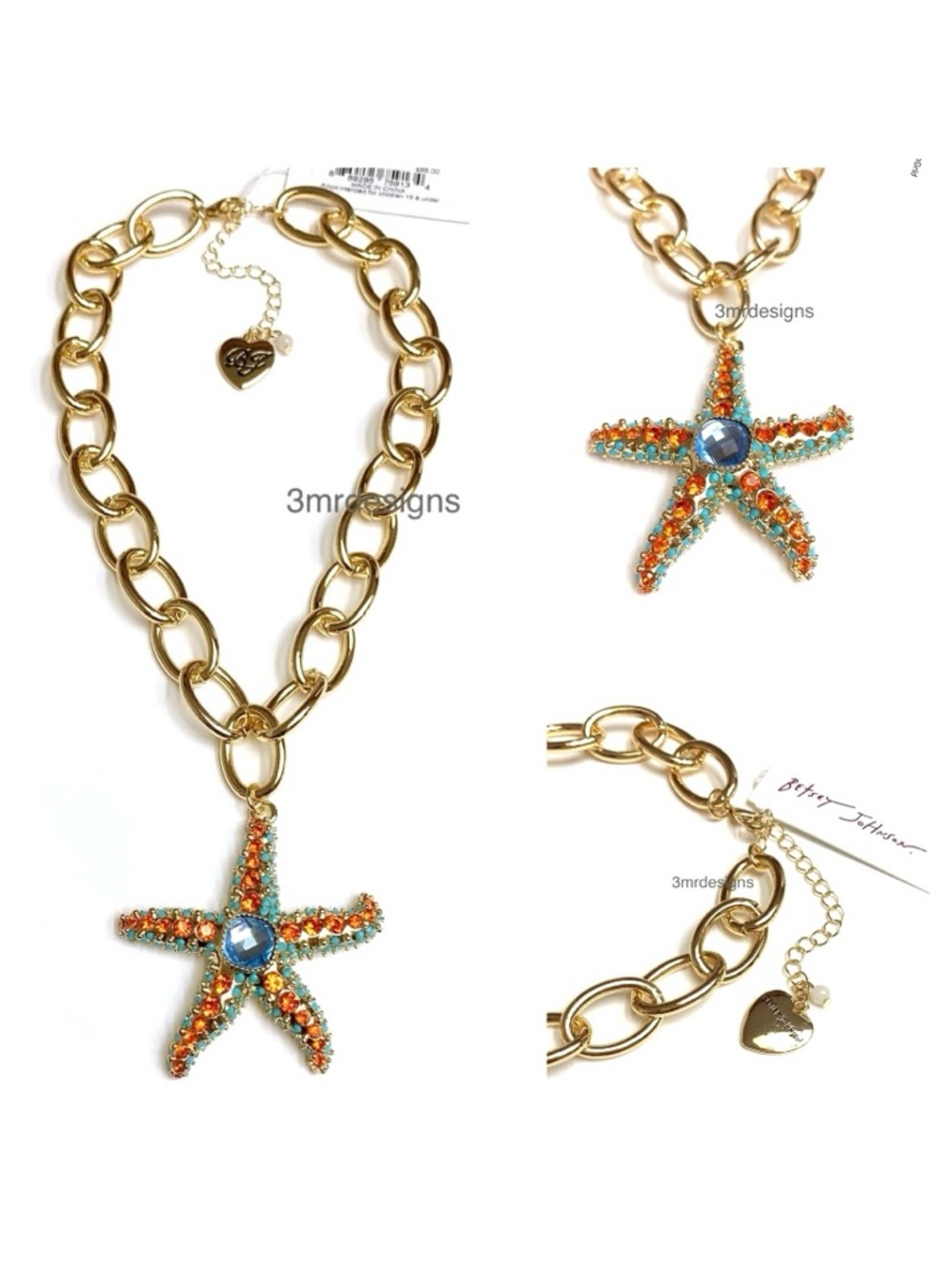 NWT Betsey Johnson 💋STARFISH Gold Tone Glass Crystals Turquoise Beads Necklace